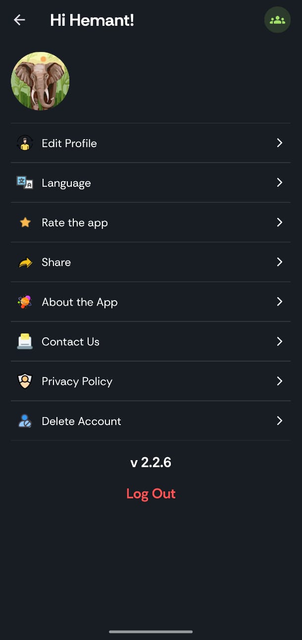 Profile Settings Delete Account screen